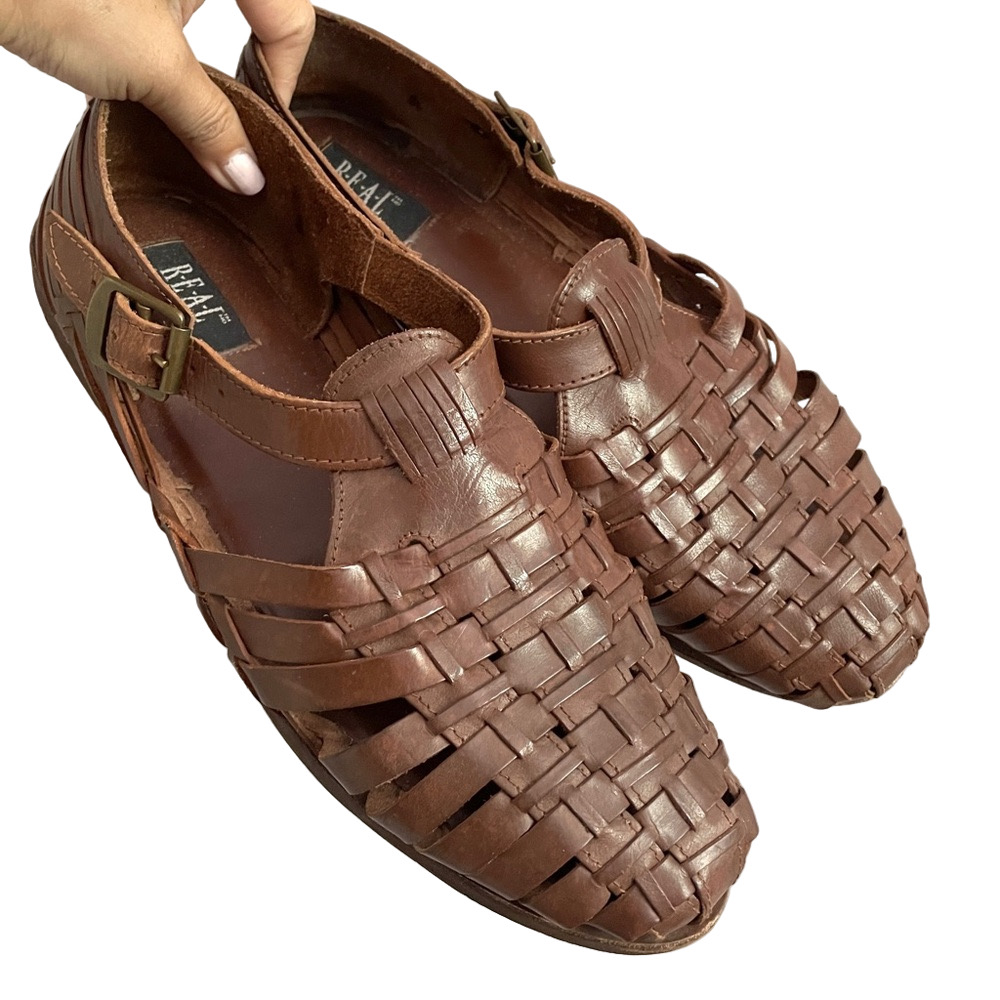 Vintage Brown Leather Woven Fisherman Shoes - 12